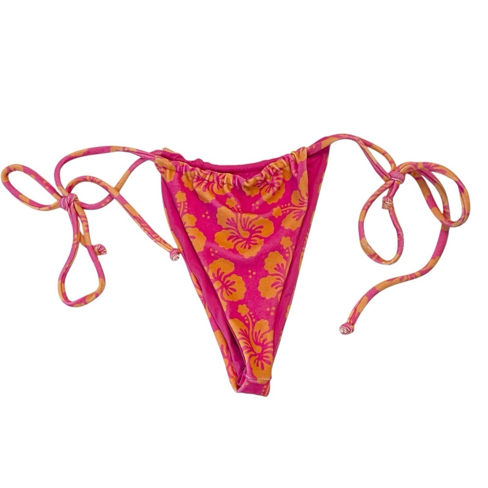 Frankies Bikinis Tia Terry String Bottom Pink Hibiscus Skimpy Orange Hawaii XXL